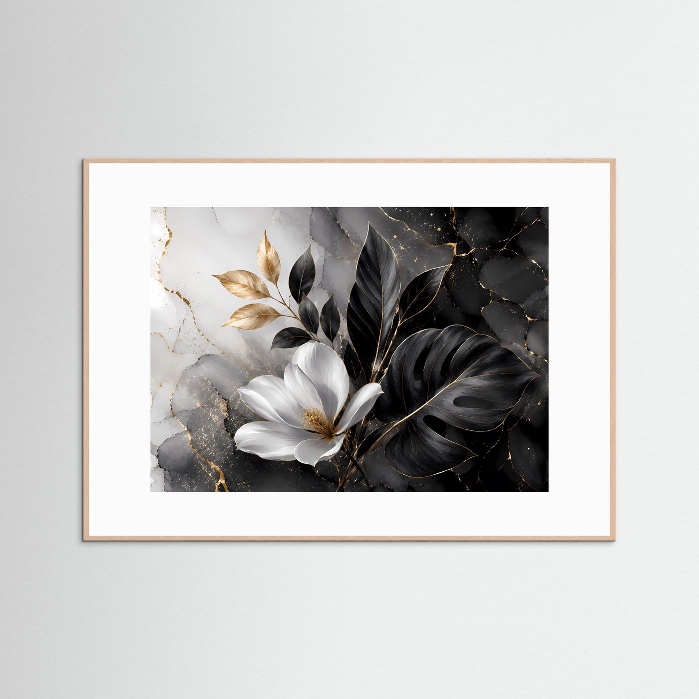Magnolie Schwarz Gold Wandbild | Botanische Luxus Kunst | Monstera Blätter Poster | Elegante Leinwand | Modern Floral Wall Art | Marmor Dekoration