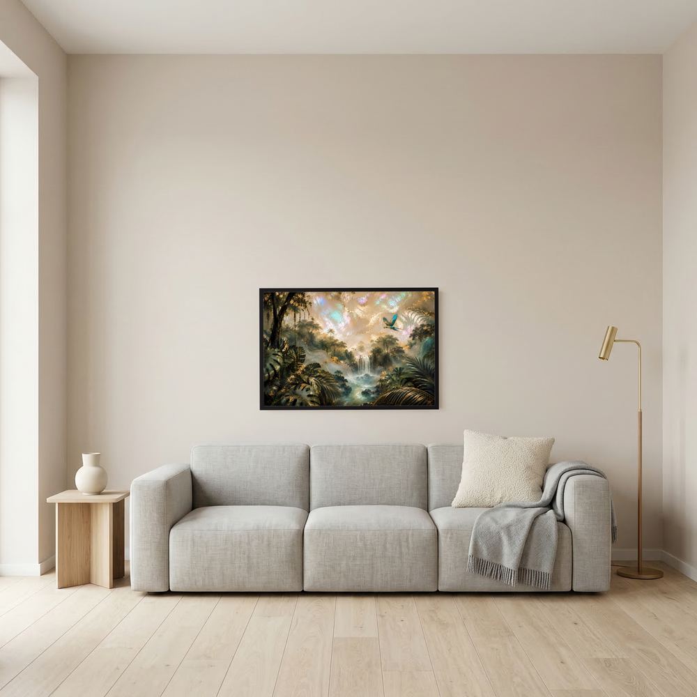 Tropenwald-Poster querformat mit Wasserfall und Papagei, schwarzer Rahmen an der Wand