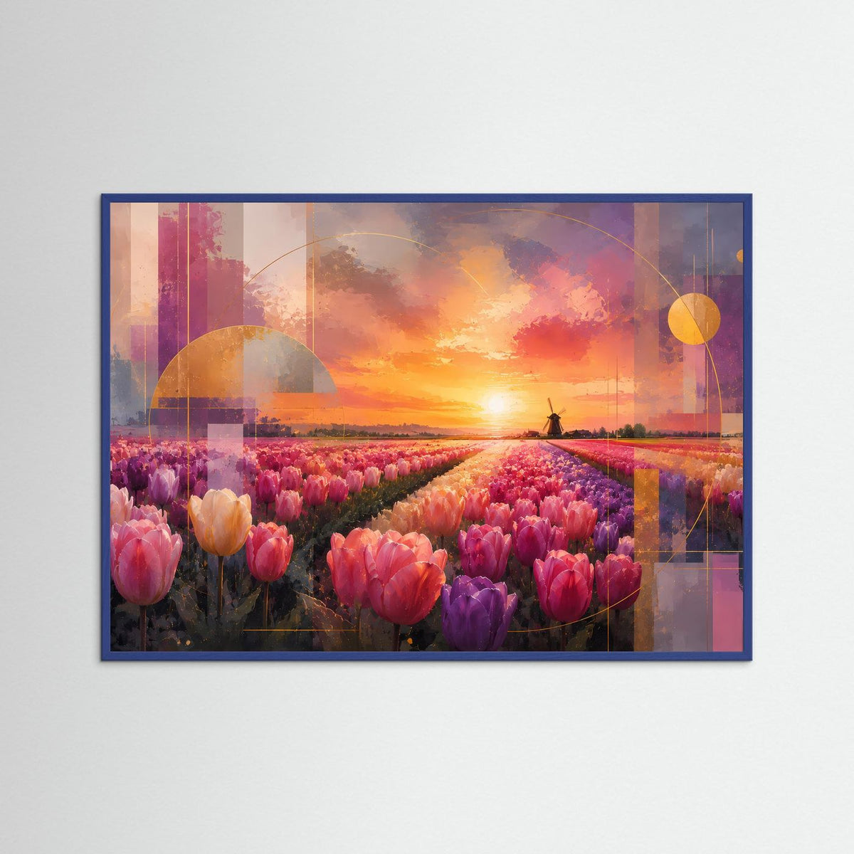 Poster mit Tulpenlandschaft, Windmühle und Sonnenuntergang in Rosa und Gold, mit blauem Rahmen
