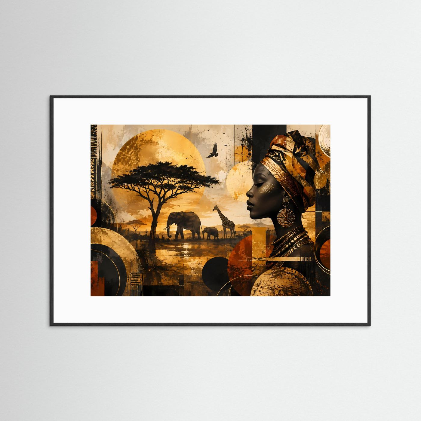Poster im Querformat mit schwarzem Rahmen und weißem Passepartout: Afrikanerin, Elefanten und Giraffen.