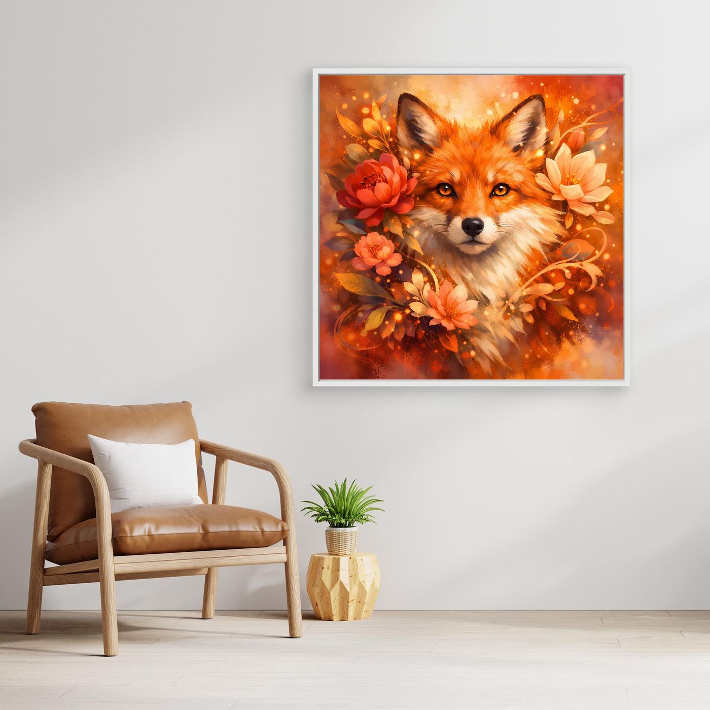 Leinwandbild mit Fuchsmotiv und floralen Blumen, orangefarben, im weißen Rahmen