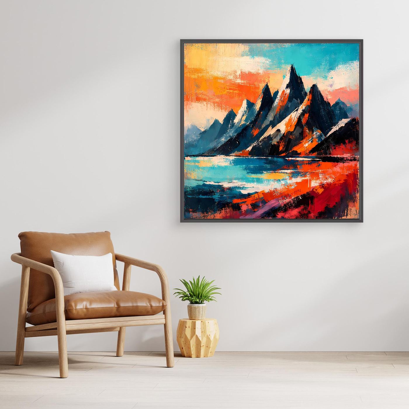 Abstraktes Leinwand-Wandbild mit Bergspitzen, Pinselstrichen und blau-orange-roten Farbflecken