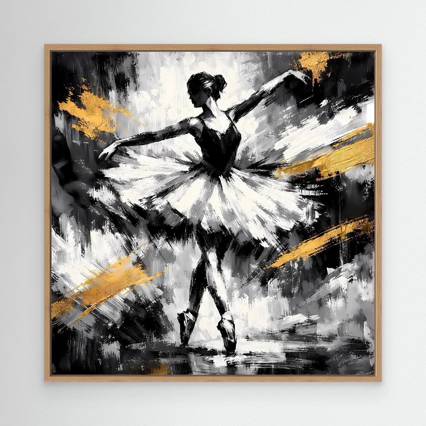 Abstraktes Leinwandbild mit Ballerina in Schwarz-Weiß mit goldenen Pinselstrichen, Eichenrahmen