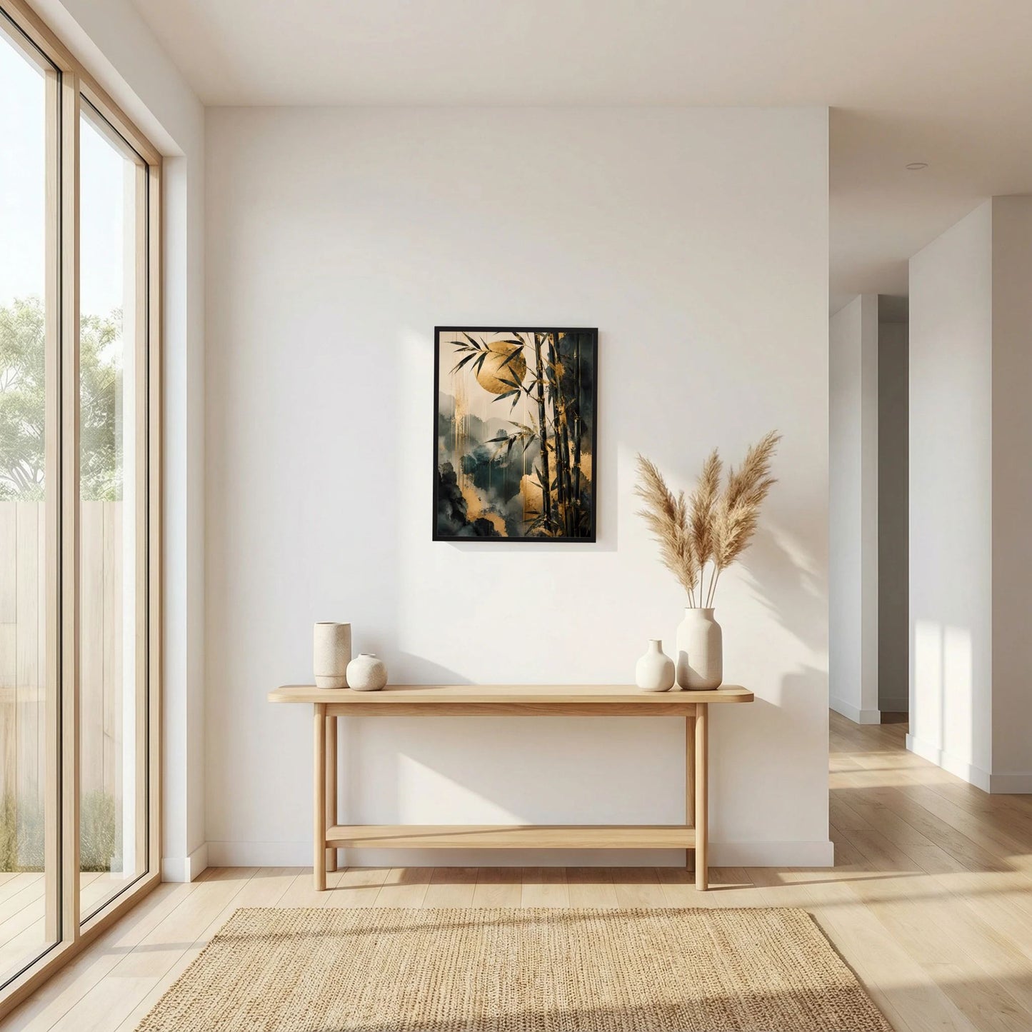 Wandposter im Hochformat mit Bambus-Abstraktion, gold-graue Farbtöne, dunkler Rahmen