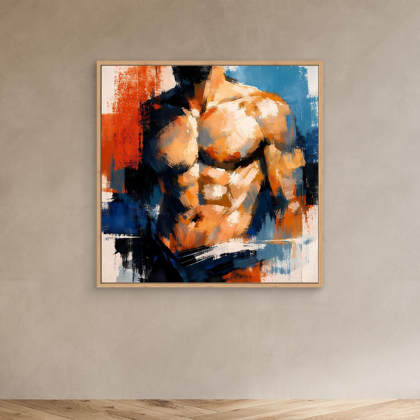 Athletic male torso canvas wall art with oak frame, blue orange and black abstract strokes