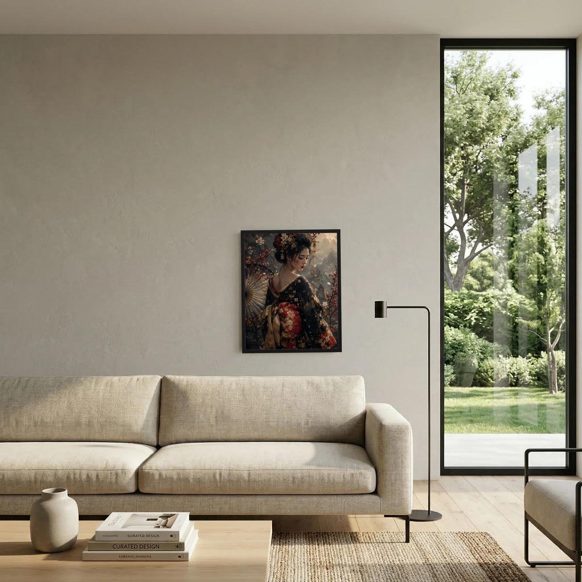 Wandposter mit Geisha im floralen Kimono, dunkler Farbton, schwarzer Rahmen