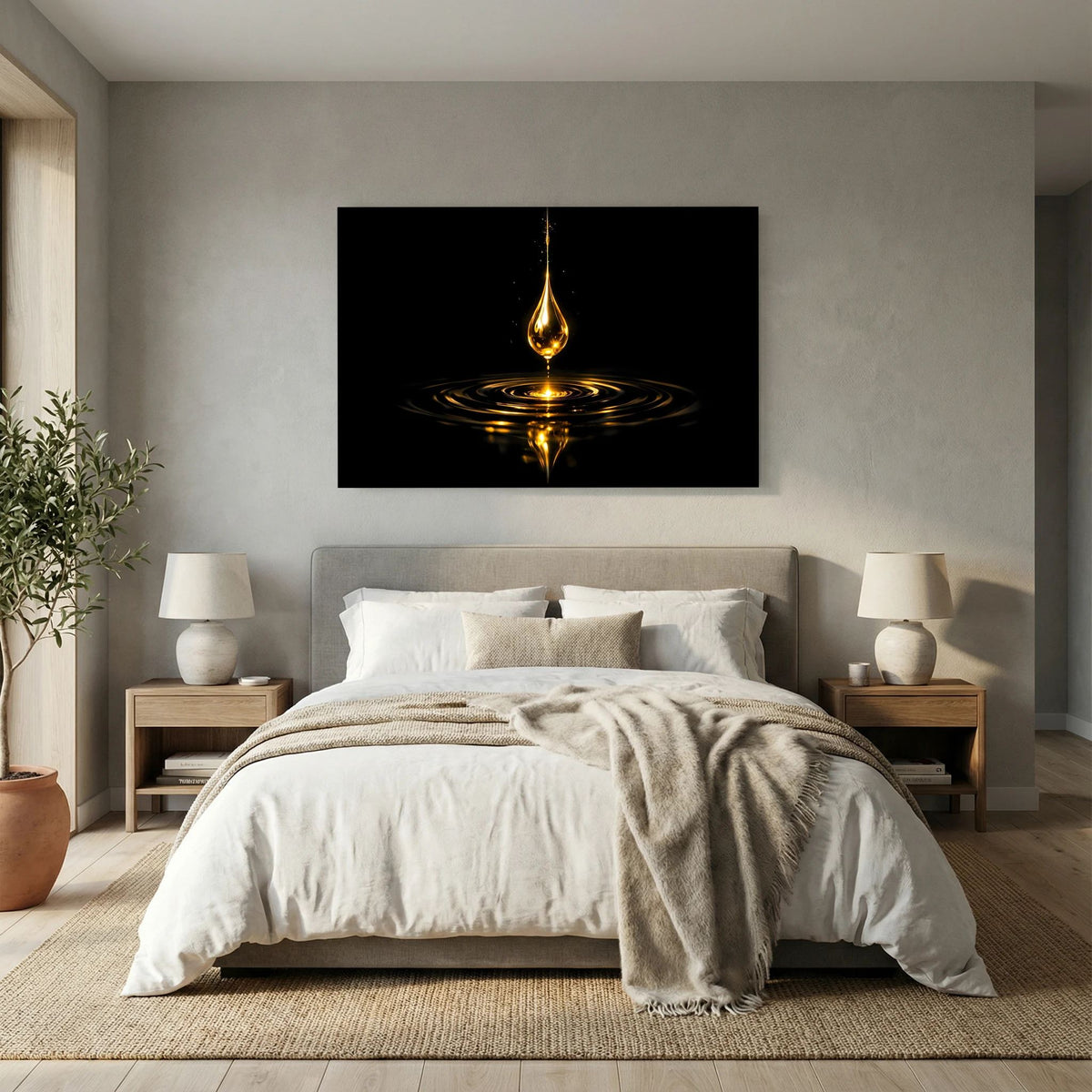 Wandbild im Querformat mit goldener Tropfenspitze und Wasserreflexion auf schwarzem Hintergrund