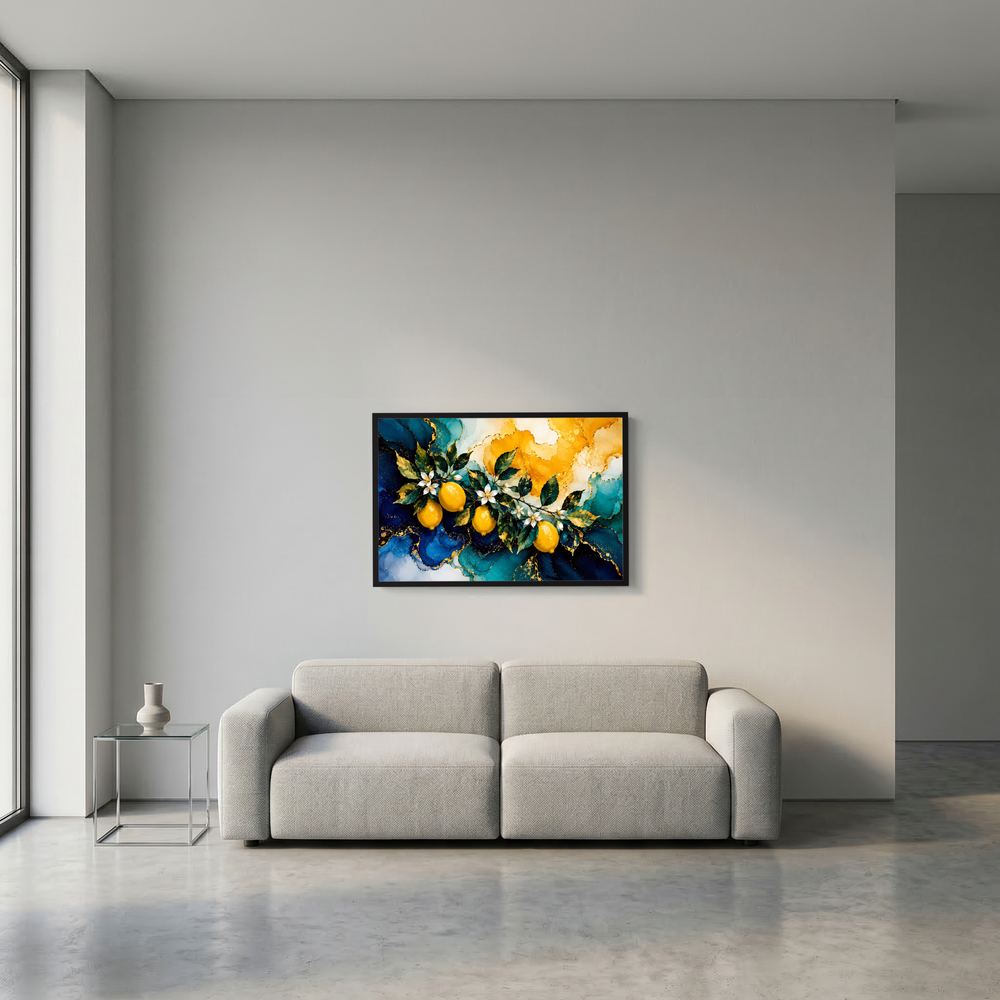 Kleines Querformat-Poster mit abstrakter Botanik im dunklen Rahmen: gelbe Beeren, weiße Blüten