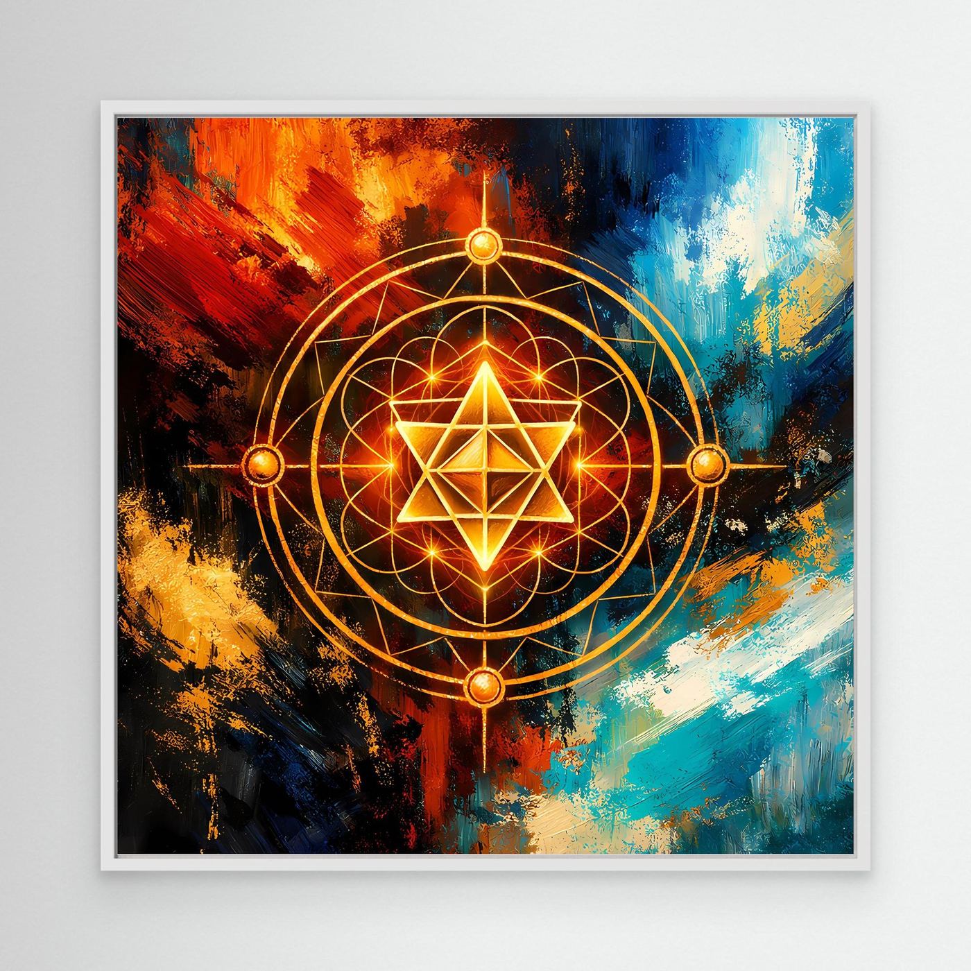 Gerahmtes Leinwandbild mit goldener Merkaba-Geometrie und leuchtendem Stern, weißer Rahmen