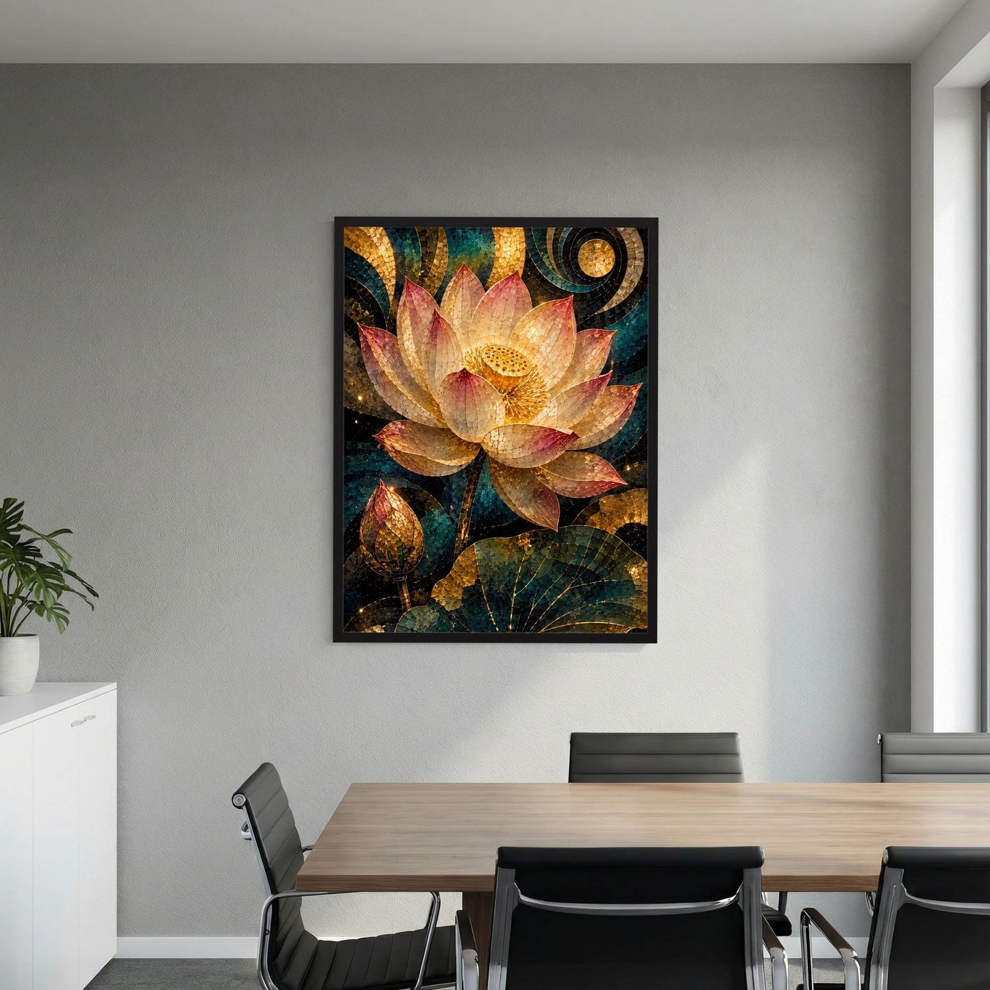 Poster mit Lotusblüte im Mosaikstil, goldene Blütenmitte, schwarzer Rahmen