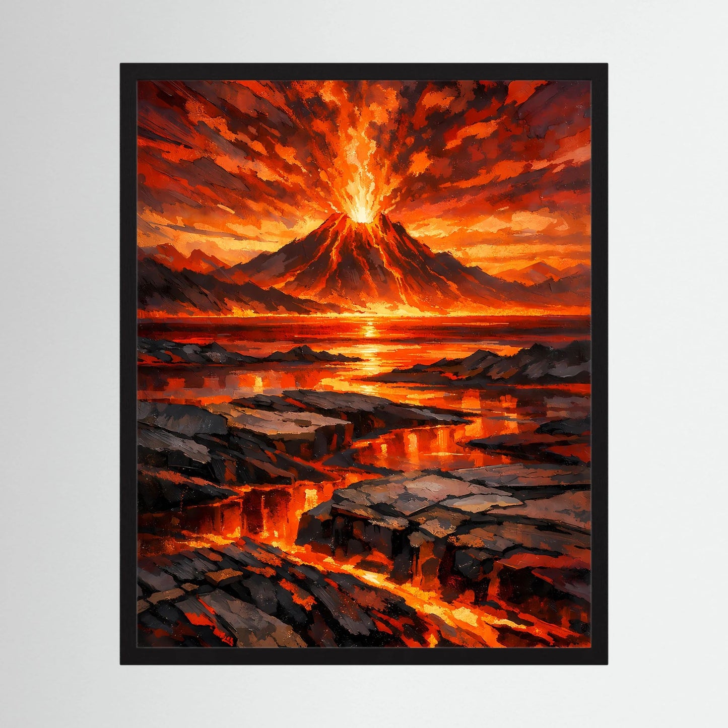 Vulkan-Poster im Hochformat: glühende Lava, rauchender Krater und orangefarbenes Lava-Licht