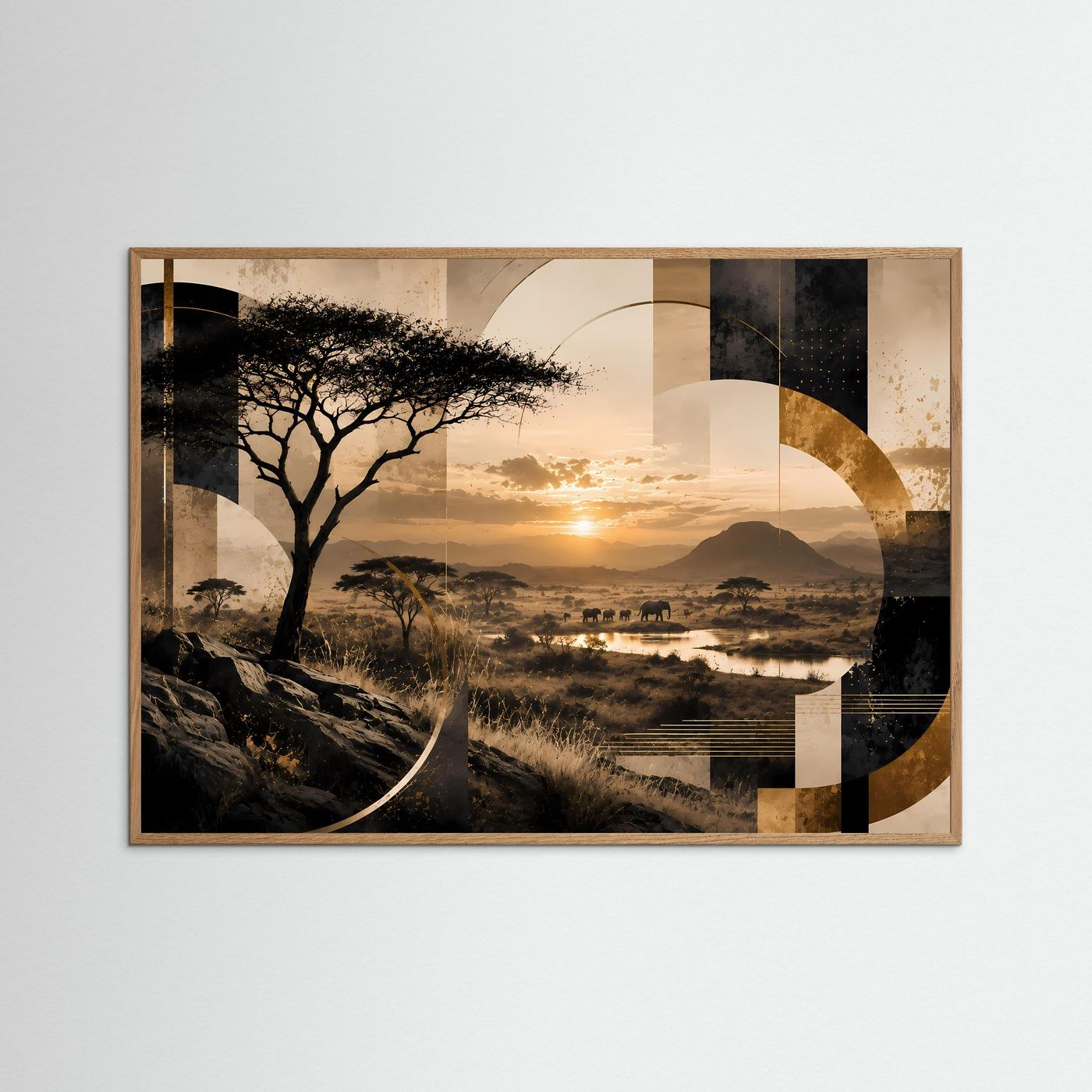 Afrika Safari Poster Querformat | Elefanten & Akazien im Sonnenuntergang