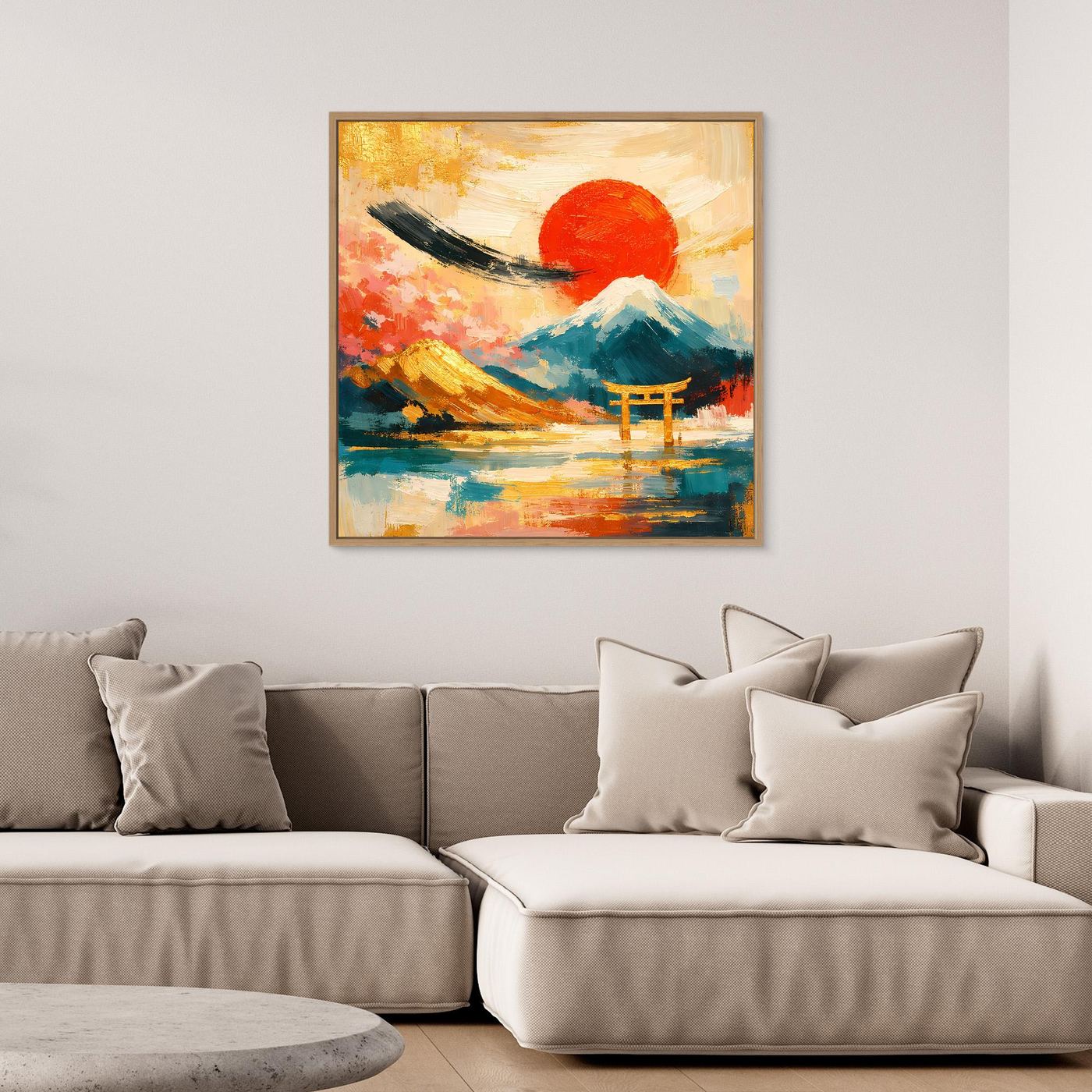 Leinwandbild mit Torii-Tor und Berglandschaft, roter Sonne, goldener Rahmen