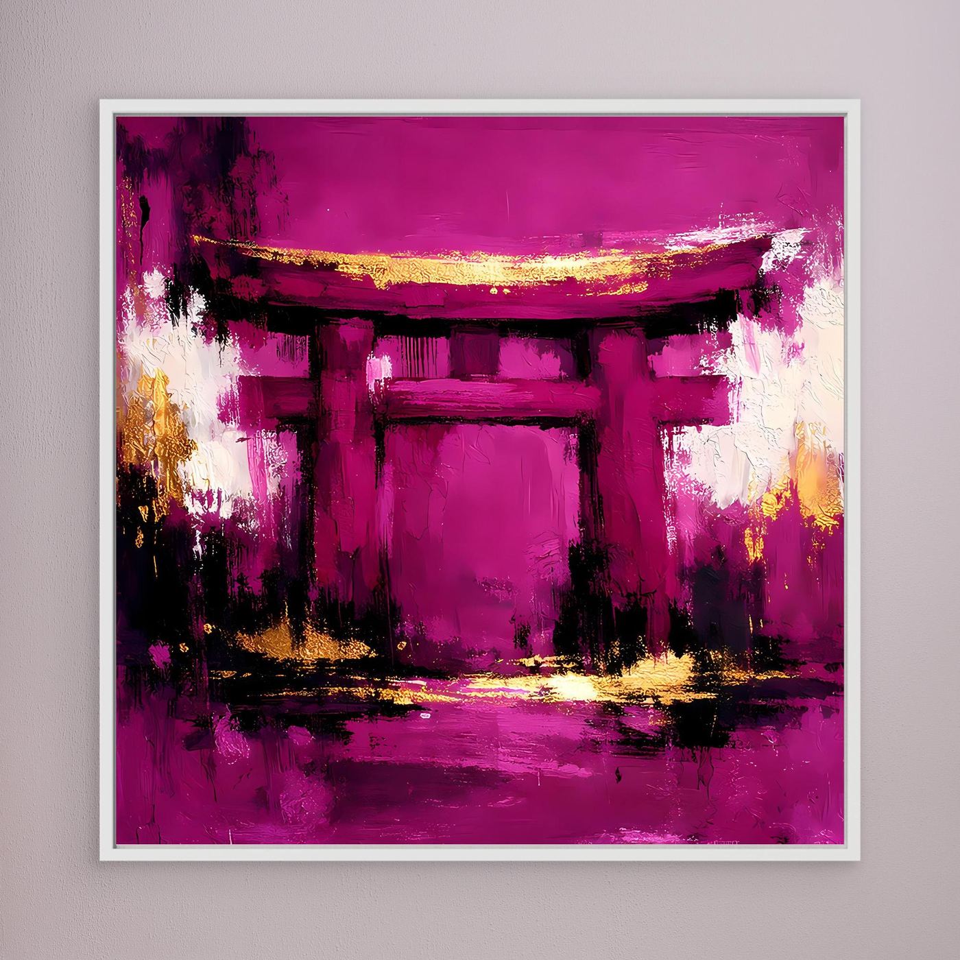Leinwand Mystisches Torii-Tor in Magenta | Abstraktes Japan Wandbild Moderne Kunst