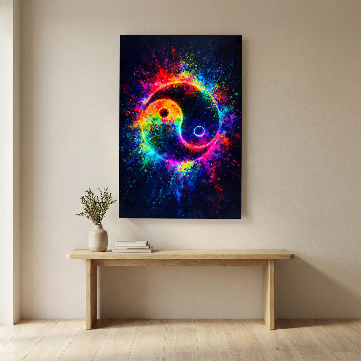 Schwarz gerahmtes Hochformat-Poster: leuchtendes Yin-Yang-Motiv in Regenbogenfarben