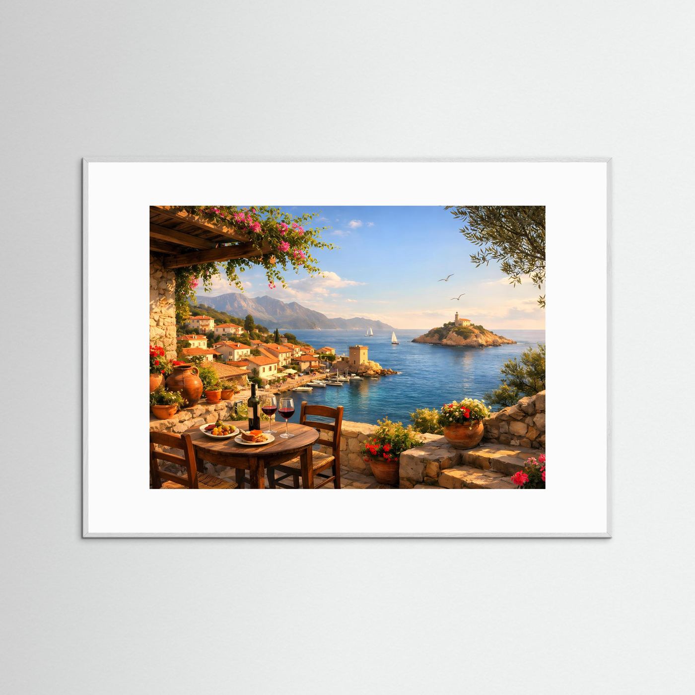 Mediterrane Terrasse mit Meerblick & Wein | Sommer Panorama Poster Querformat