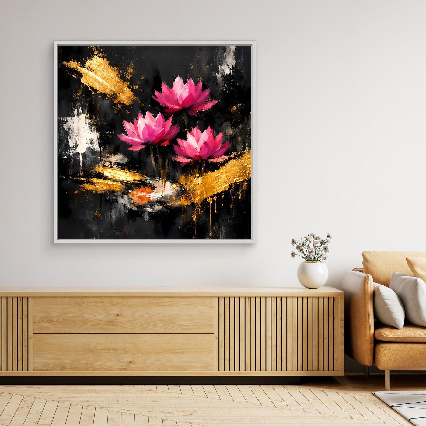 Leinwand Prachtvolle Lotusblüten in Pink und Gold | Modernes Abstraktes Blumen Wandbild