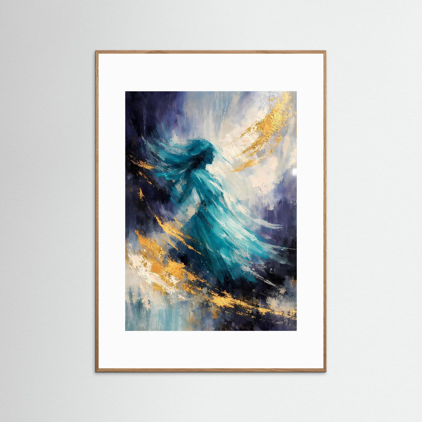 Abstraktes Kunstposter im Hochformat mit türkis-violettem Farbwirbel und goldenen Akzenten; warmbrauner Rahmen.
