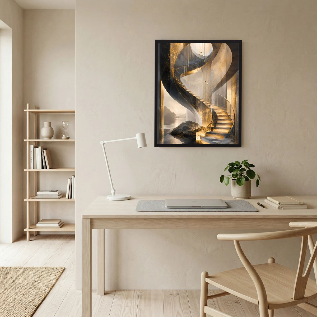 Gerahmtes Hochformat-Poster mit Wendeltreppe in Gold und Schwarz, helle Creme-Flächen
