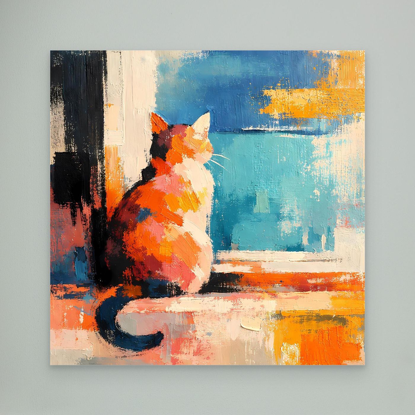 Canvas wall art of a colorful orange cat by a window with blue backdrop