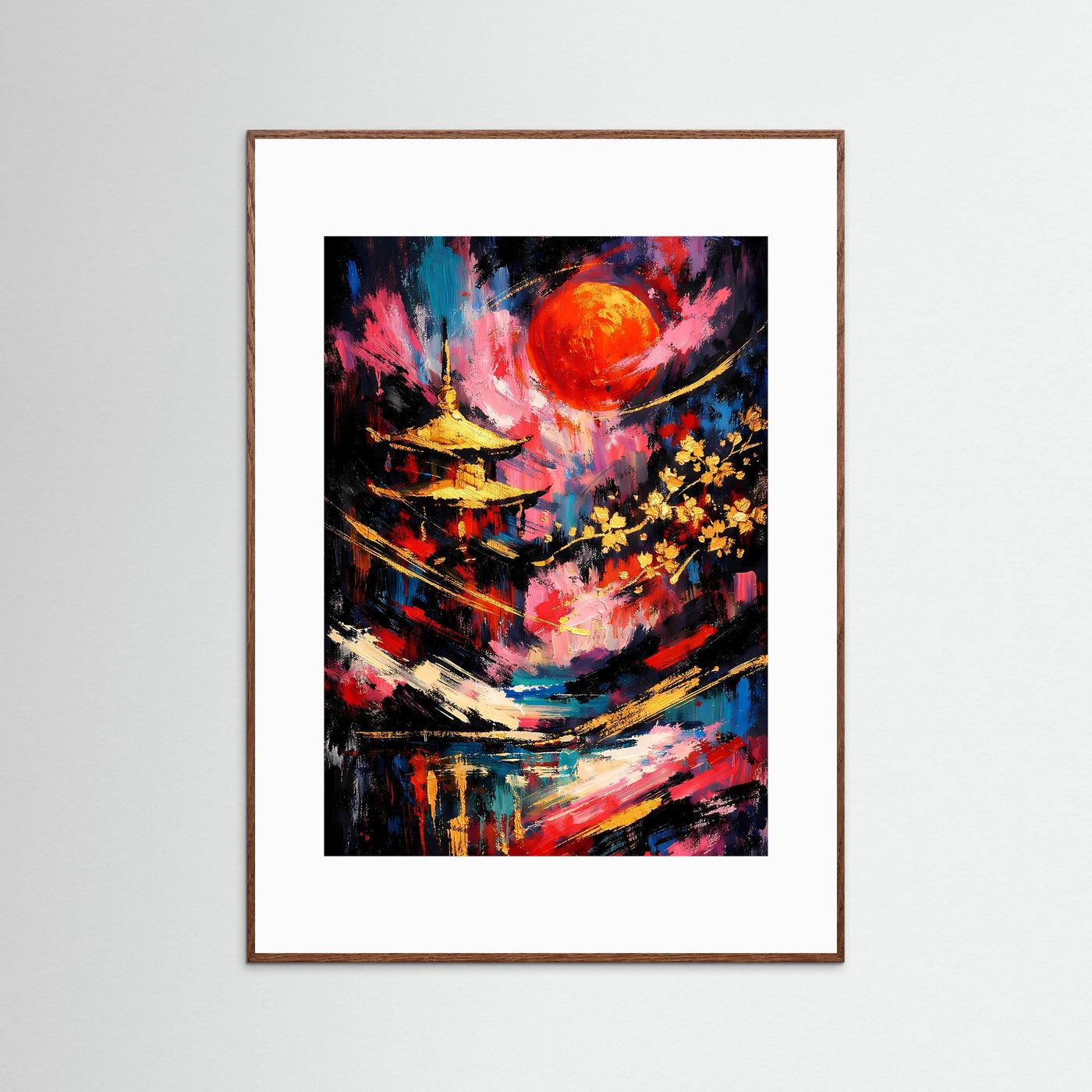 Abstraktes Pagodenposter mit roter Sonne, farbigen Pinselstrichen, dunkelbraunem Rahmen