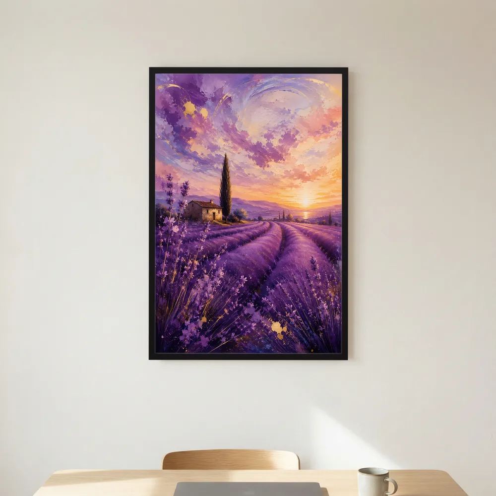 Lavendelfeld-Poster im Hochformat mit Sonnenuntergang, schwarzer Rahmen an heller Wand.