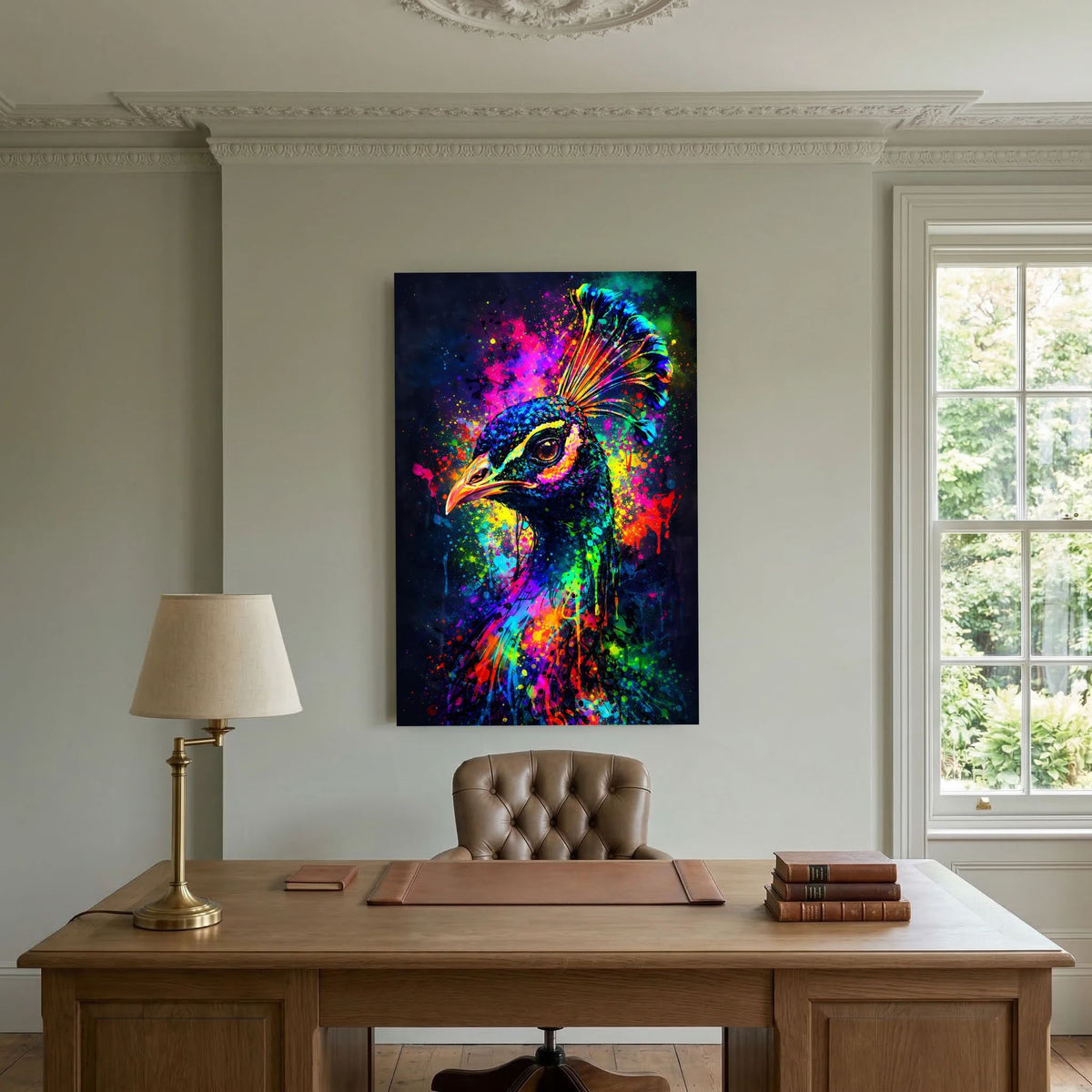 Hochformat-Poster: Pfau mit buntem Neon-Spektrum, Federkamm im Vordergrund
