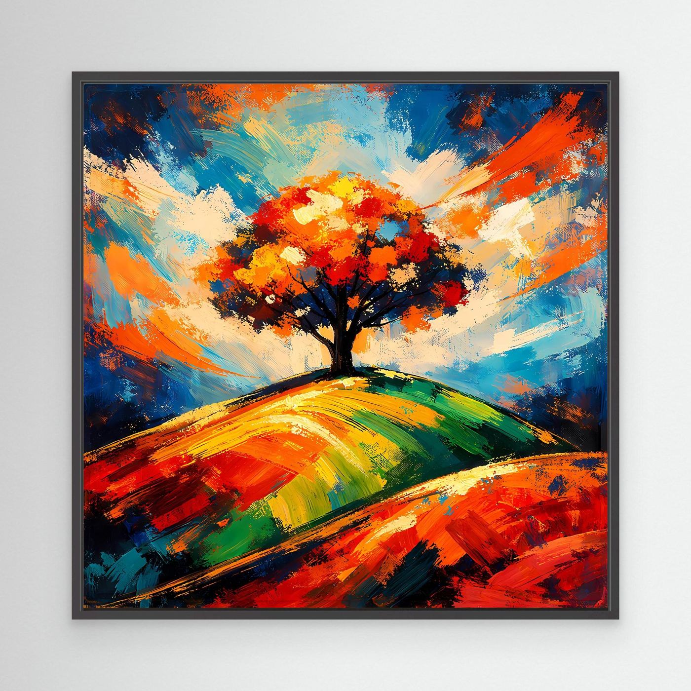 Leinwandbild mit abstraktem Lebensbaum und schwarzem Rahmen, leuchtende orange Krone