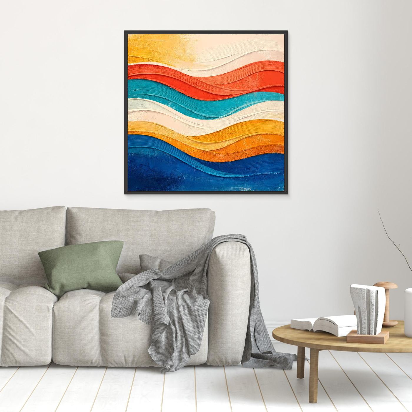 Abstraktes Leinwand-Wandbild mit wellenförmigem Relief, schwarzer Rahmen