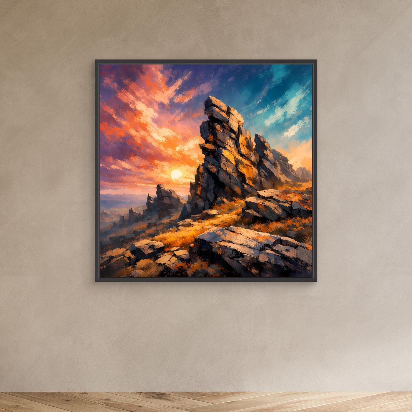 Premium Leinwand Monumentale Felsformation im Sonnenuntergang | Abstraktes Gebirge Wandbild