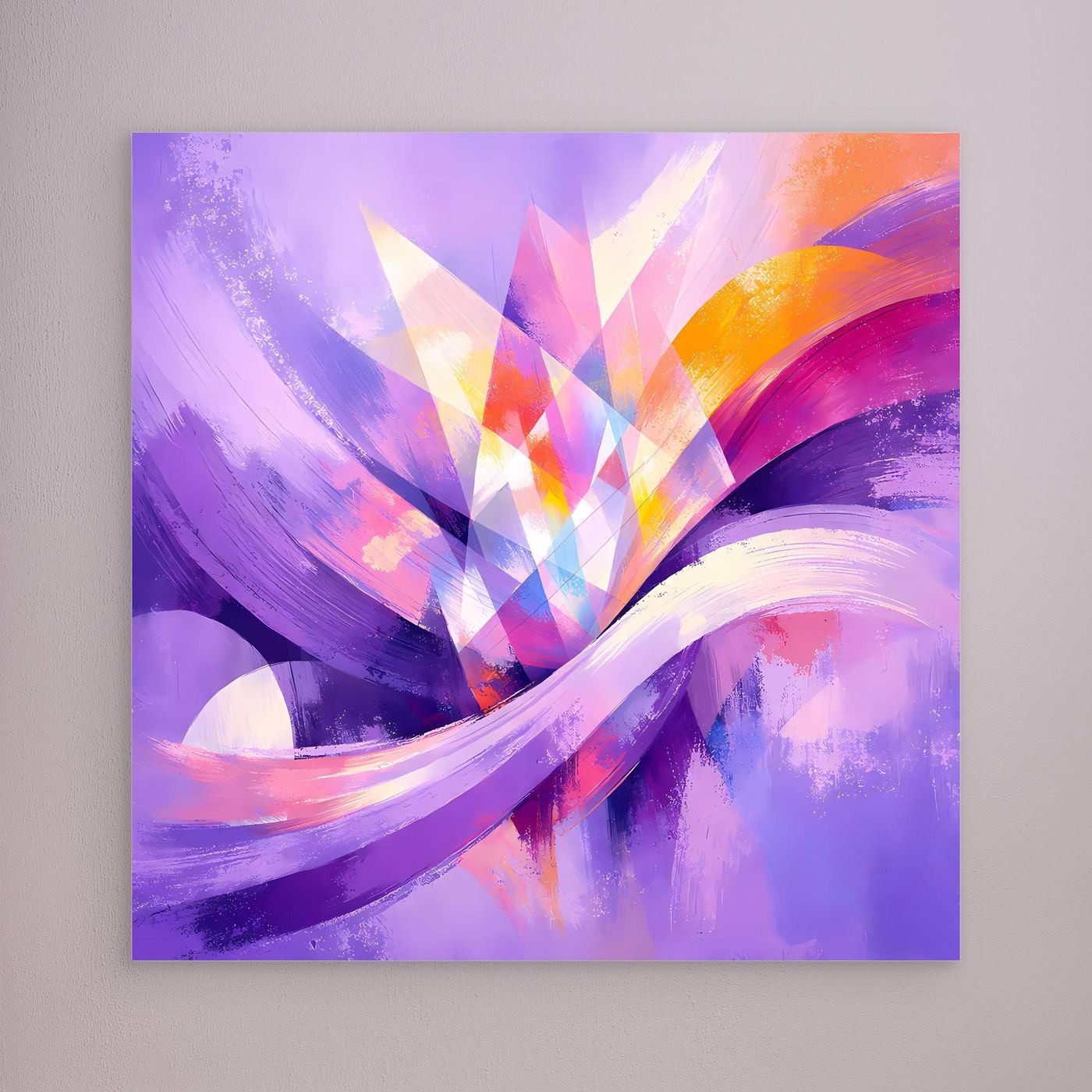 Quadratisches abstraktes Blüten-Leinwandbild in Lila mit hellen Strukturen und bunten Highlights.