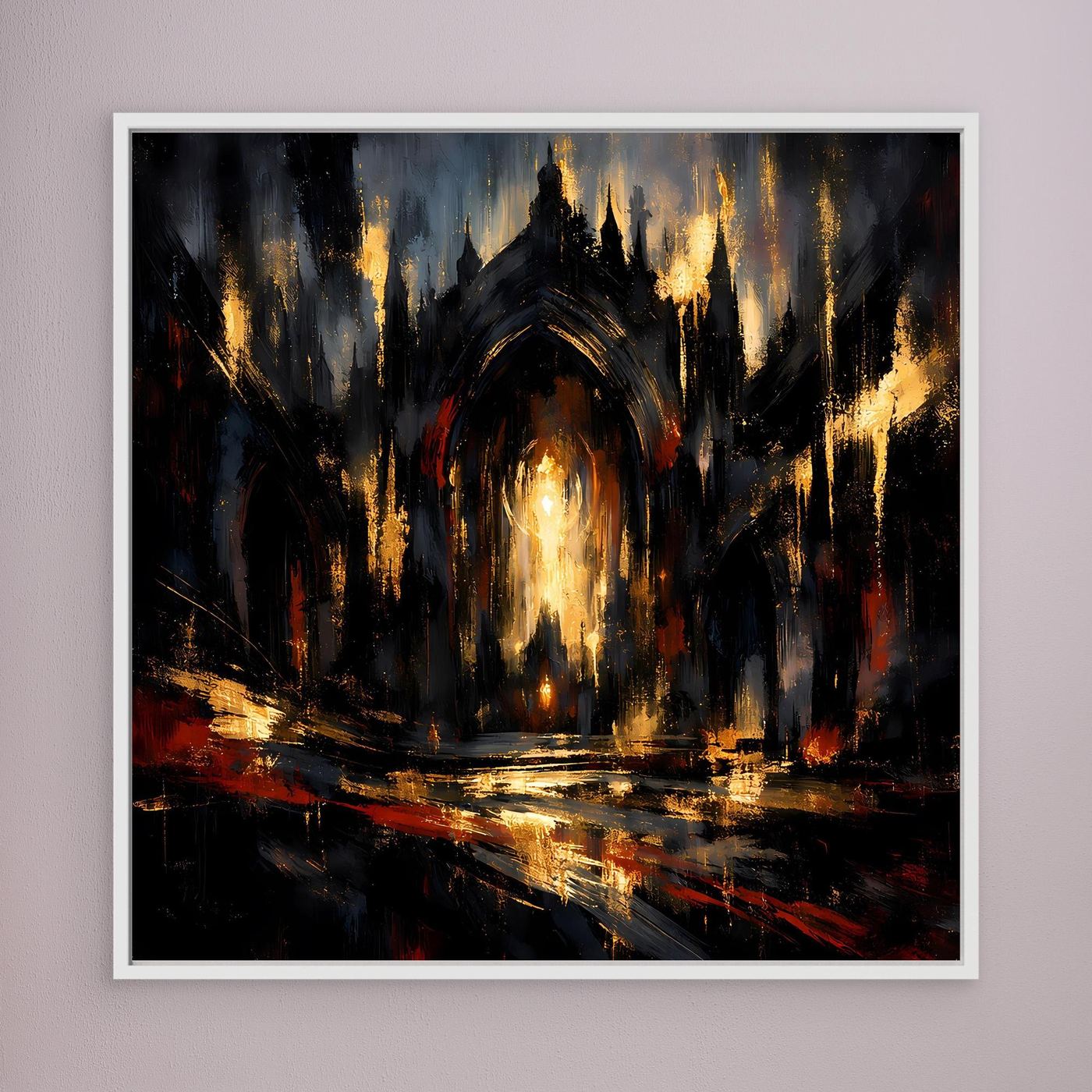 Leinwandbild mit abstrakter gotischer Kathedrale, dunkle Komposition mit roten Akzenten, goldene Lichter