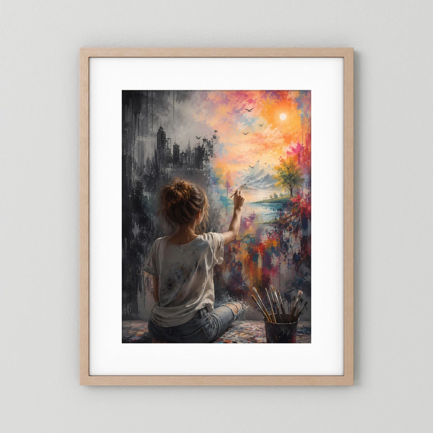 Hochformatiges Poster mit hellem Holzrahmen und weißem Passepartout, Motiv: Frau malt Farben