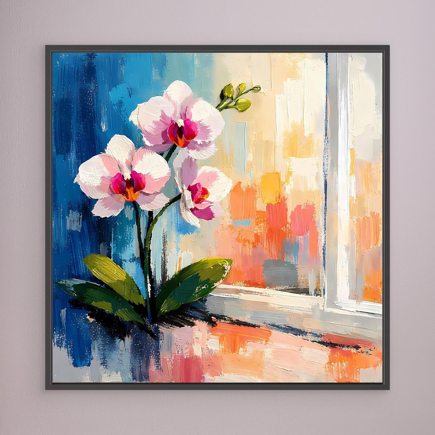 Leinwandbild mit weißen Orchideenblüten und Fensterlandschaft, schwarzer Rahmen