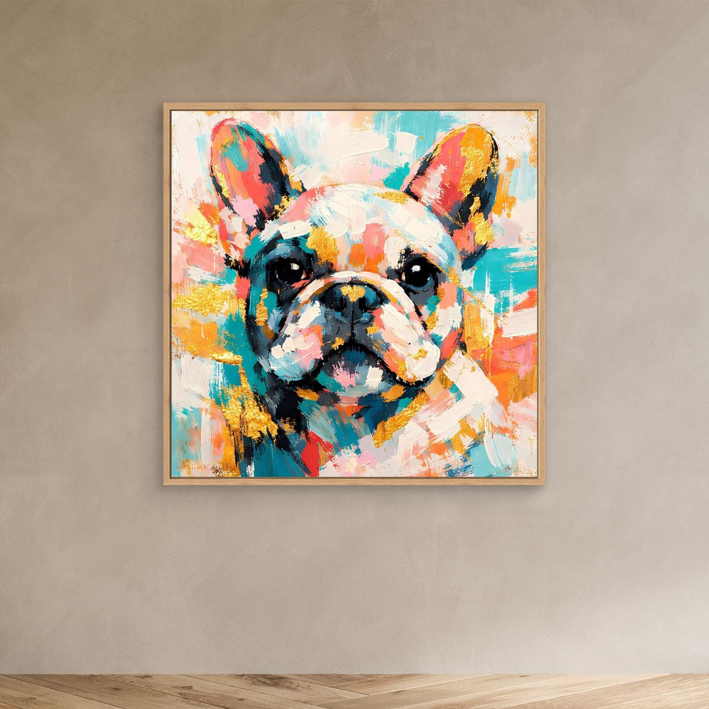 Leinwandbild mit abstrakter Französischer Bulldogge, buntes Hundeporträt im Holzrahmen
