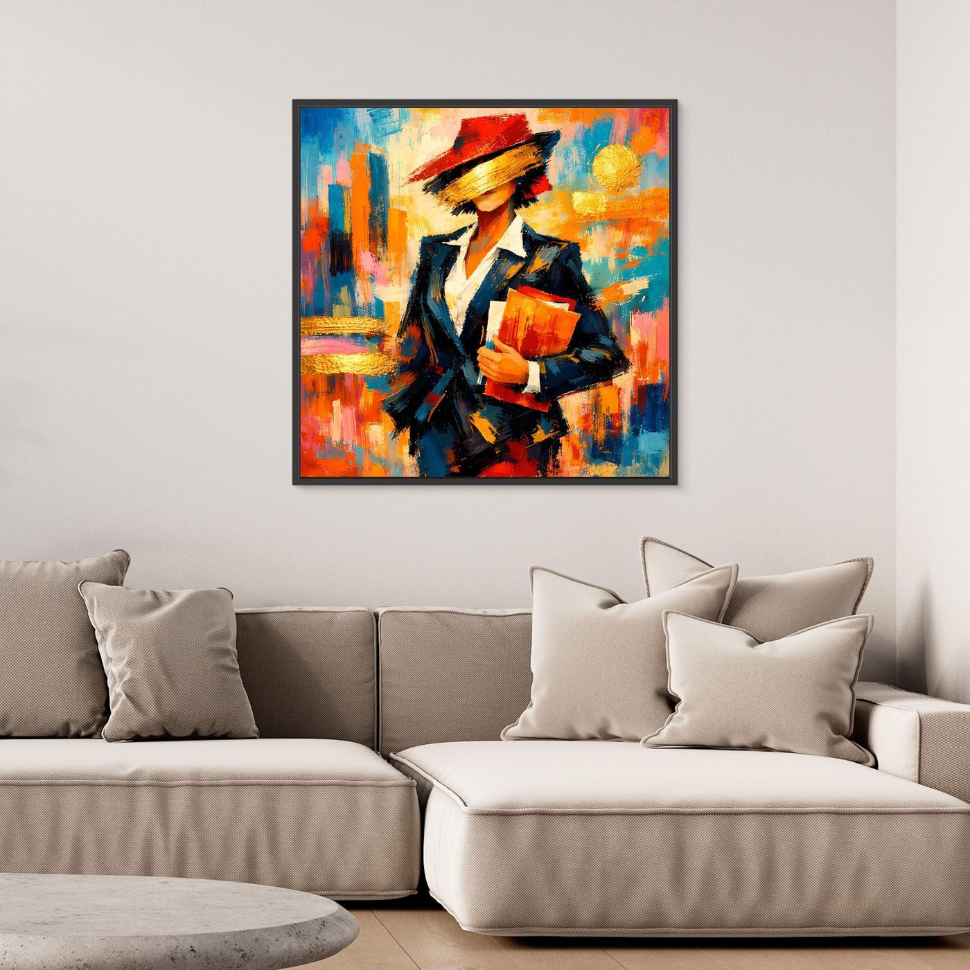 Gerahmtes Leinwandbild mit Frau im Anzug, dunkler Rahmen, bunte Pop-Art-Optik