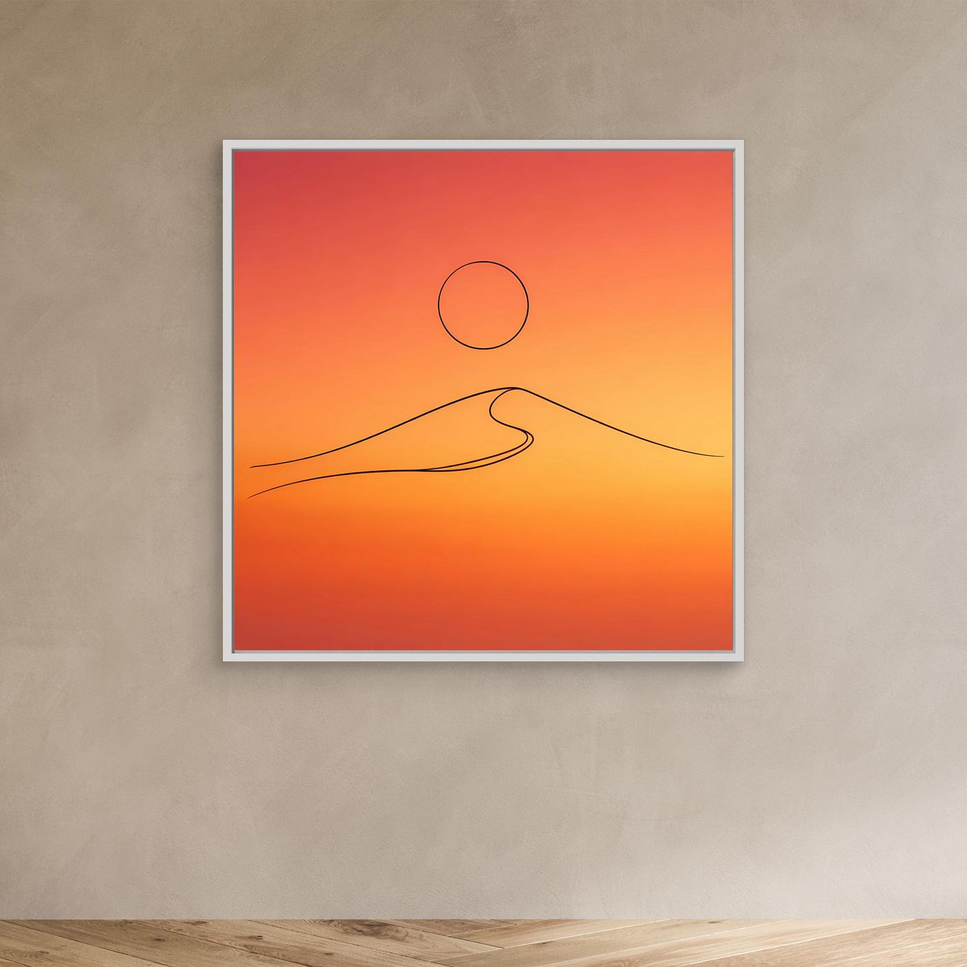 Leinwandbild mit minimalistischer Wüstendüne: Kreis-Sonne und Dünenlinien, im hellen Rahmen