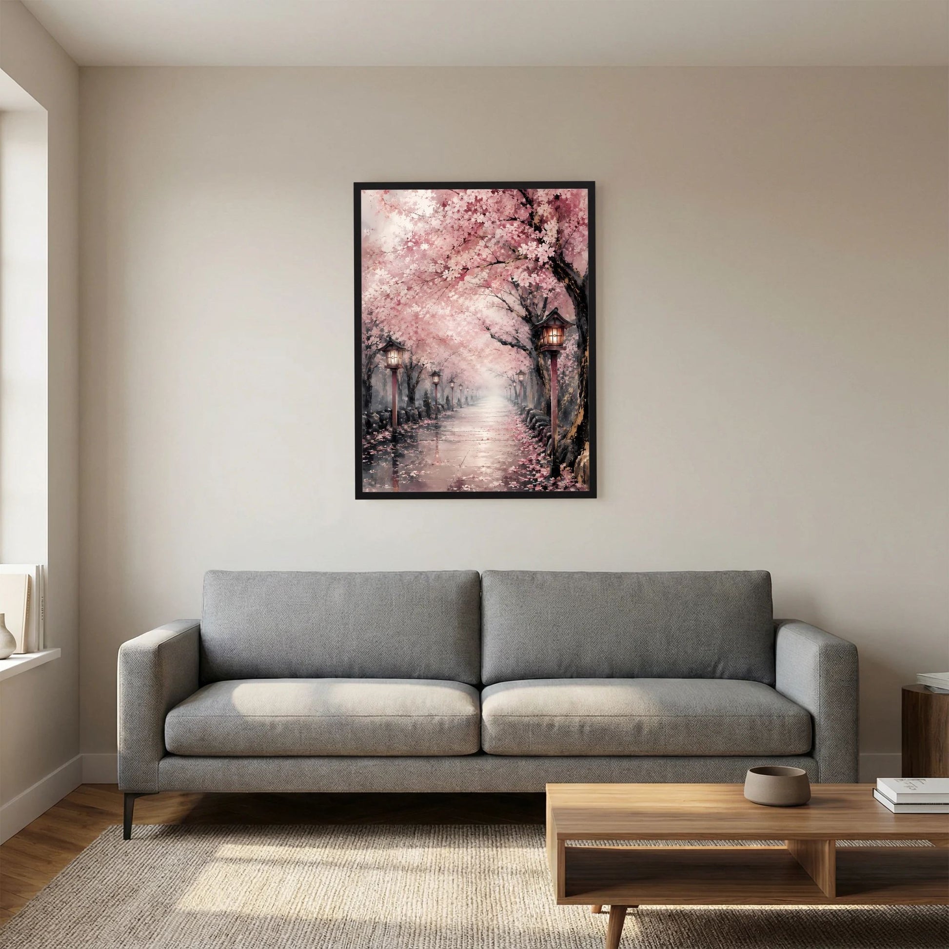 Gerahmtes Poster: rosa Sakura-Blütenallee mit Laternen, Hochformat
