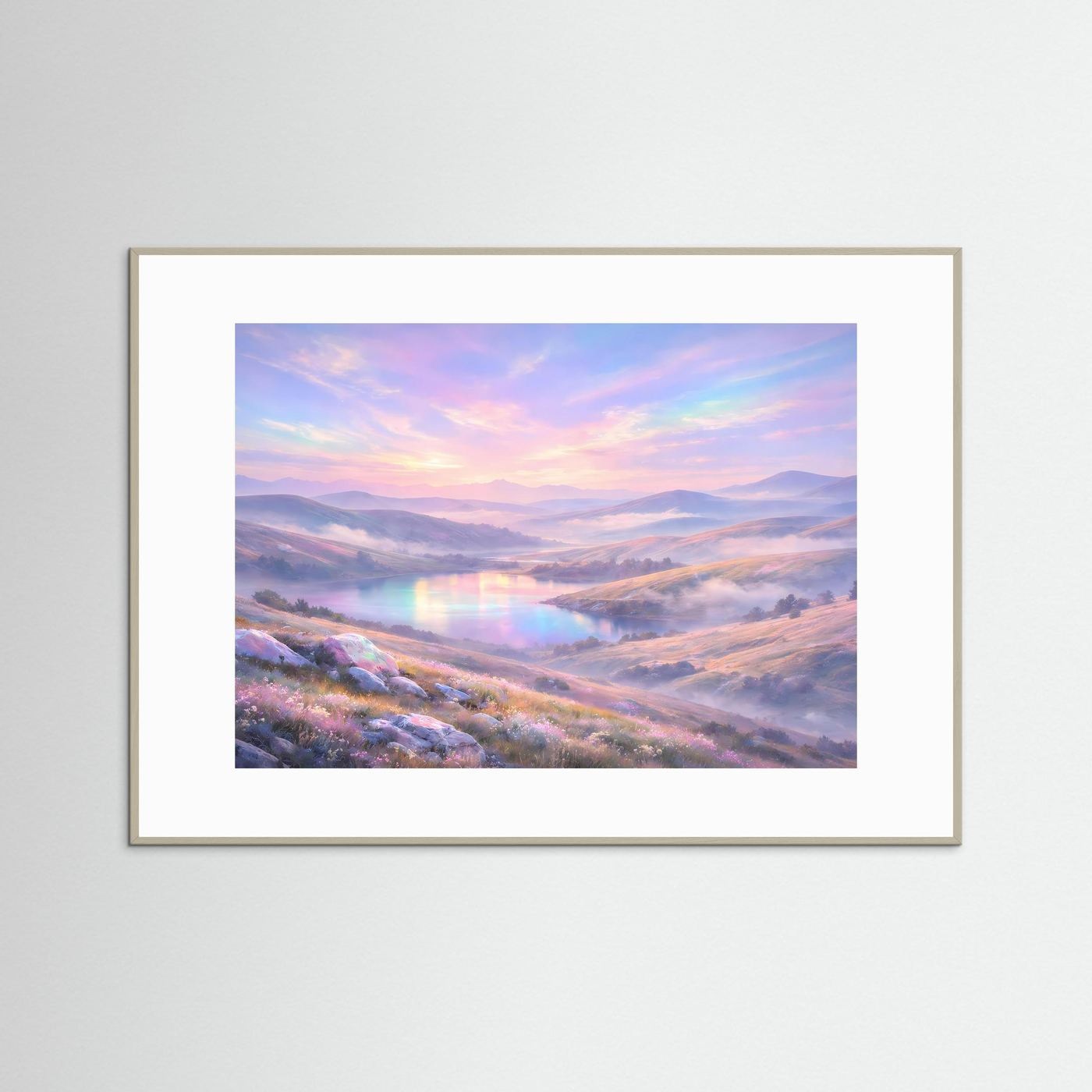 Panorama-Poster mit Hügellandschaft im Regenbogenlicht, grauer Holzrahmen, querformat
