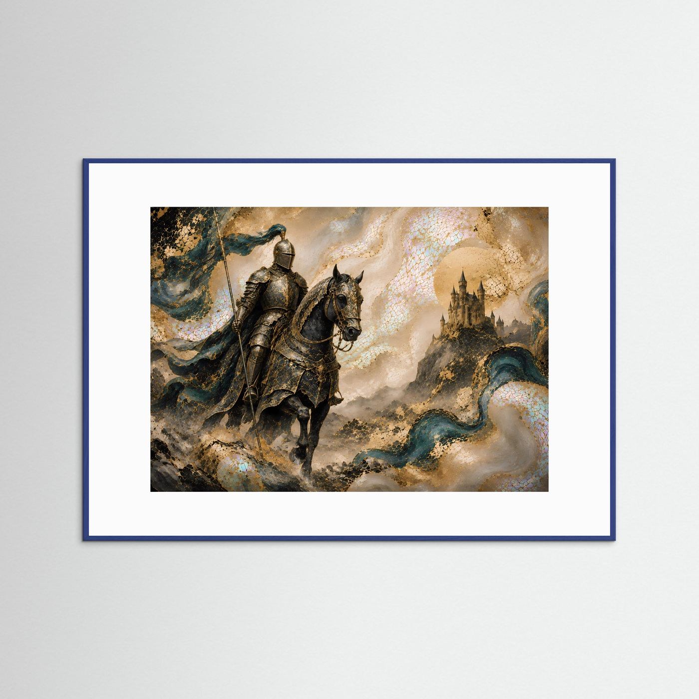 Mittelalterlicher Ritter auf Pferd | Fantasy Schloss in Gold & Petrol