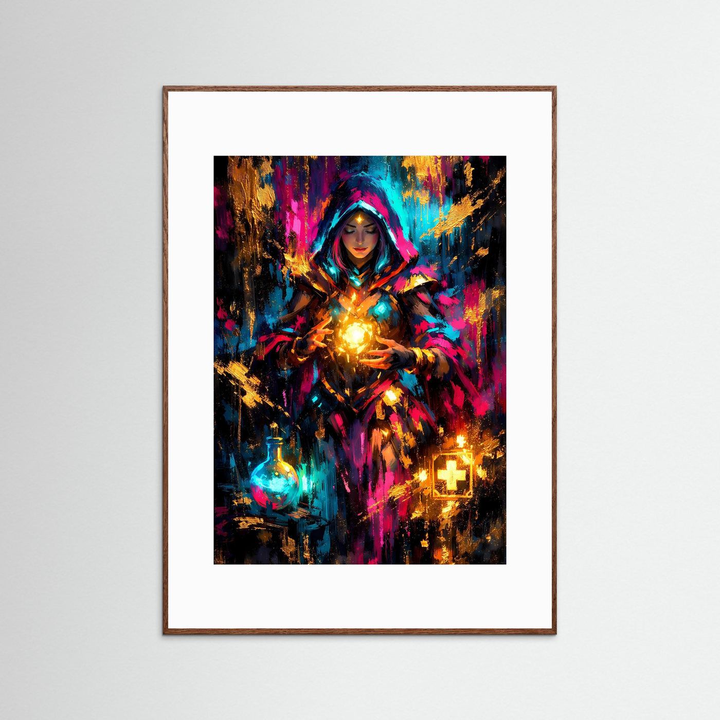 Gerahmtes Poster (Hochformat): Zauberin in abstrakter Fantasy, Teal, Pink, Gold, brauner Holzrahmen