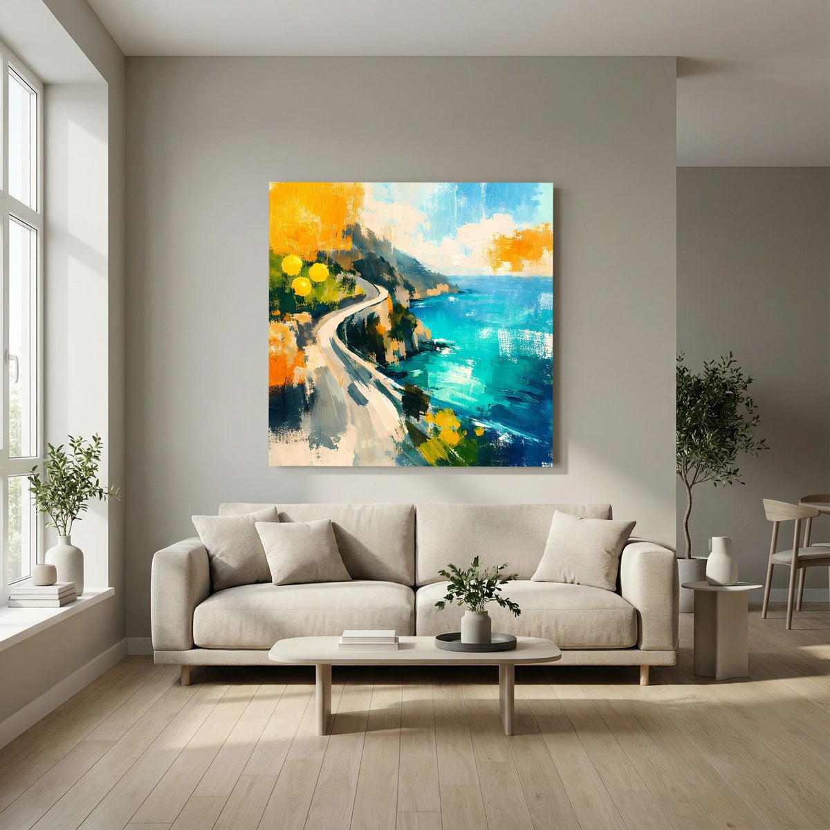 Abstraktes Leinwand-Wandbild: Straße am Meer mit türkisblauem Wasser und gelb-orangenen Akzenten
