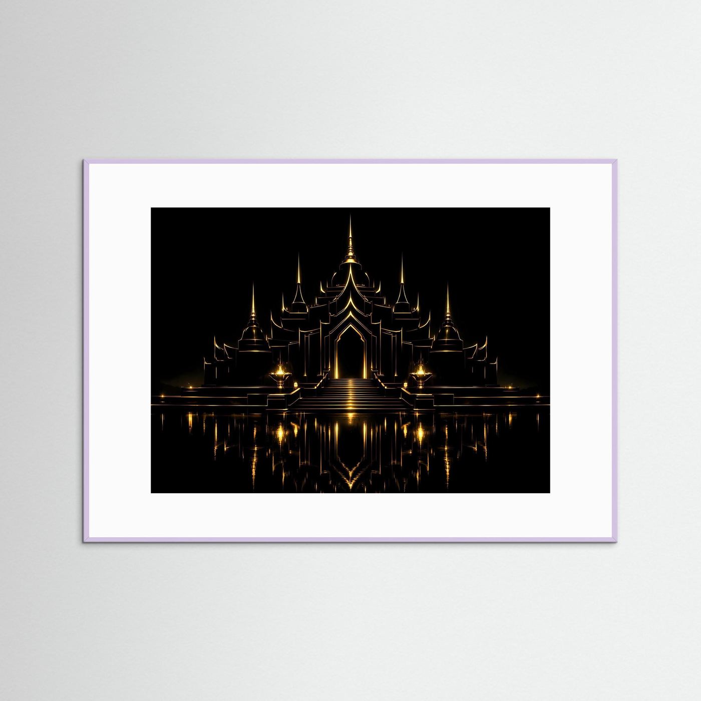 Wandbild mit goldenem Tempel bei Nacht, weißer Rahmen mit lila Umrandung.