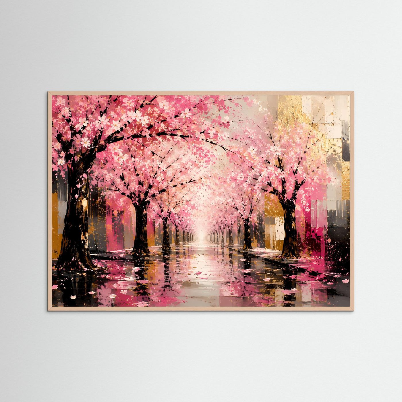 Rosa Kirschblütenallee in Gold | Abstrakte Frühlingslandschaft