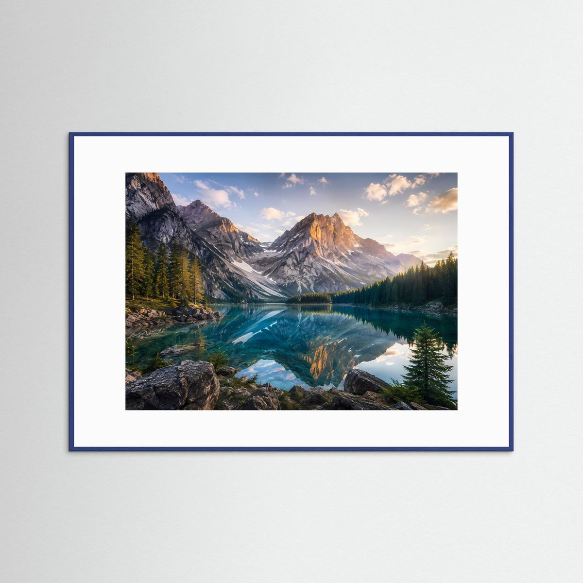 Bergsee-Poster im Querformat mit blauem Rahmen und Spiegelung im See