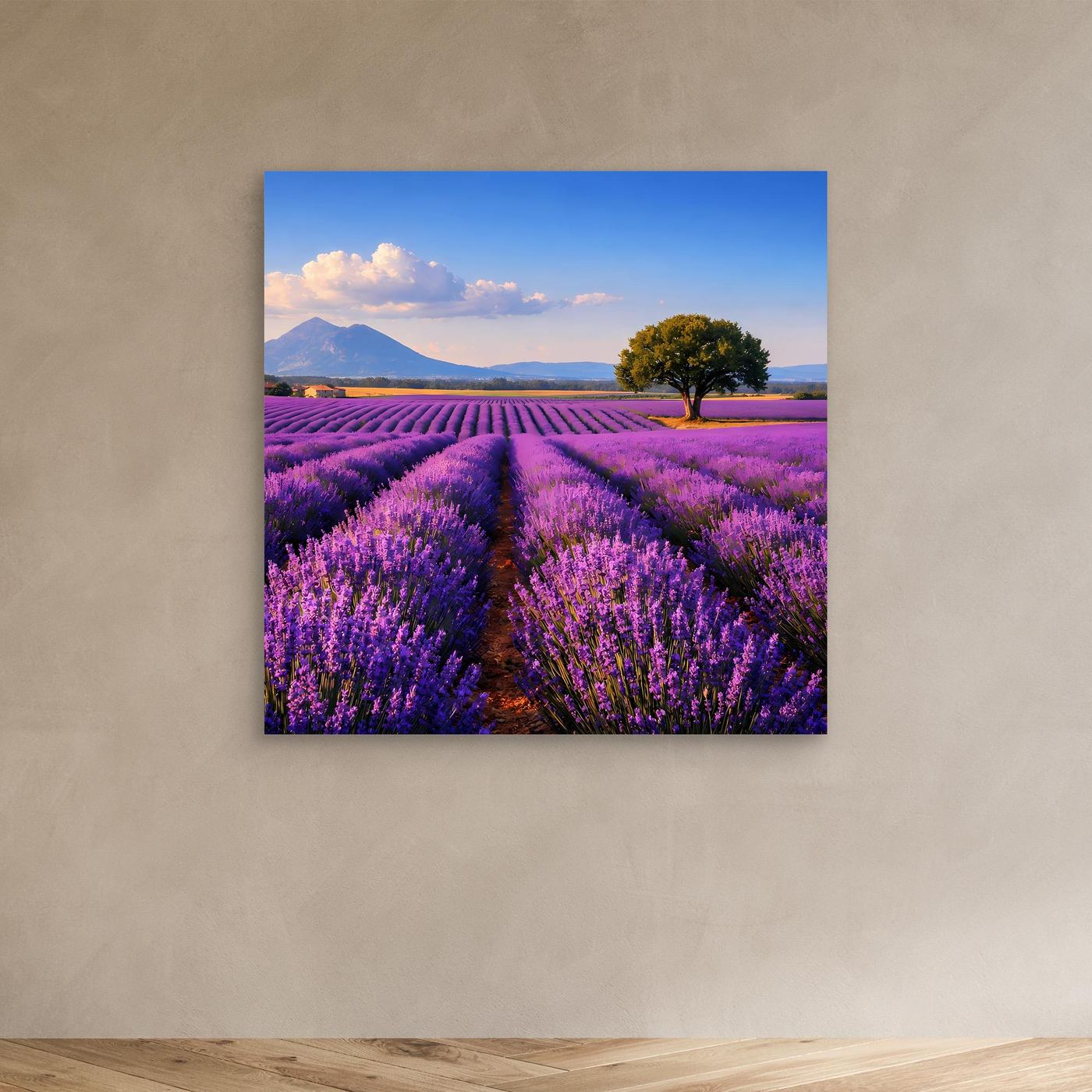 Kleines Leinwand-Landschaftsbild mit Lavendelfeld und Baum, ohne sichtbaren Rahmen