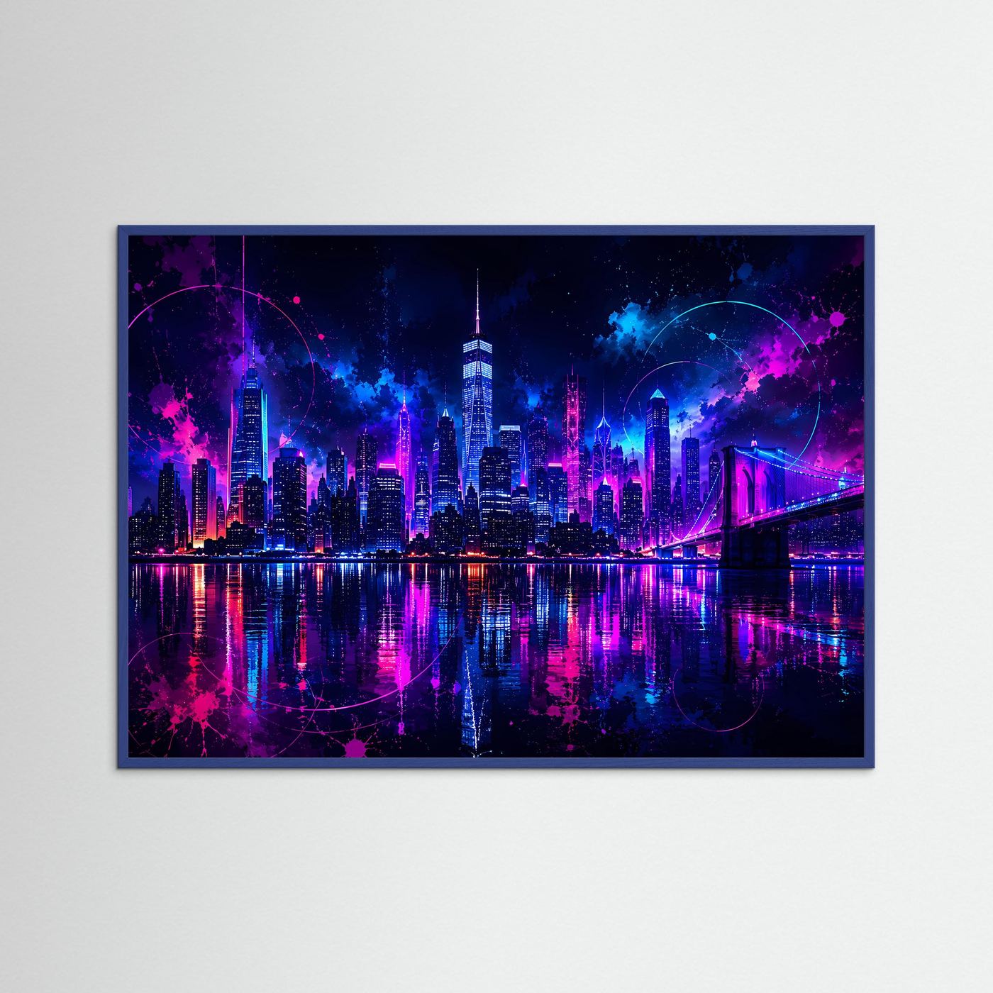 Neon New York Skyline Poster | Futuristische Cyberpunk Stadt bei Nacht | Moderne Wandkunst in Pink & Blau