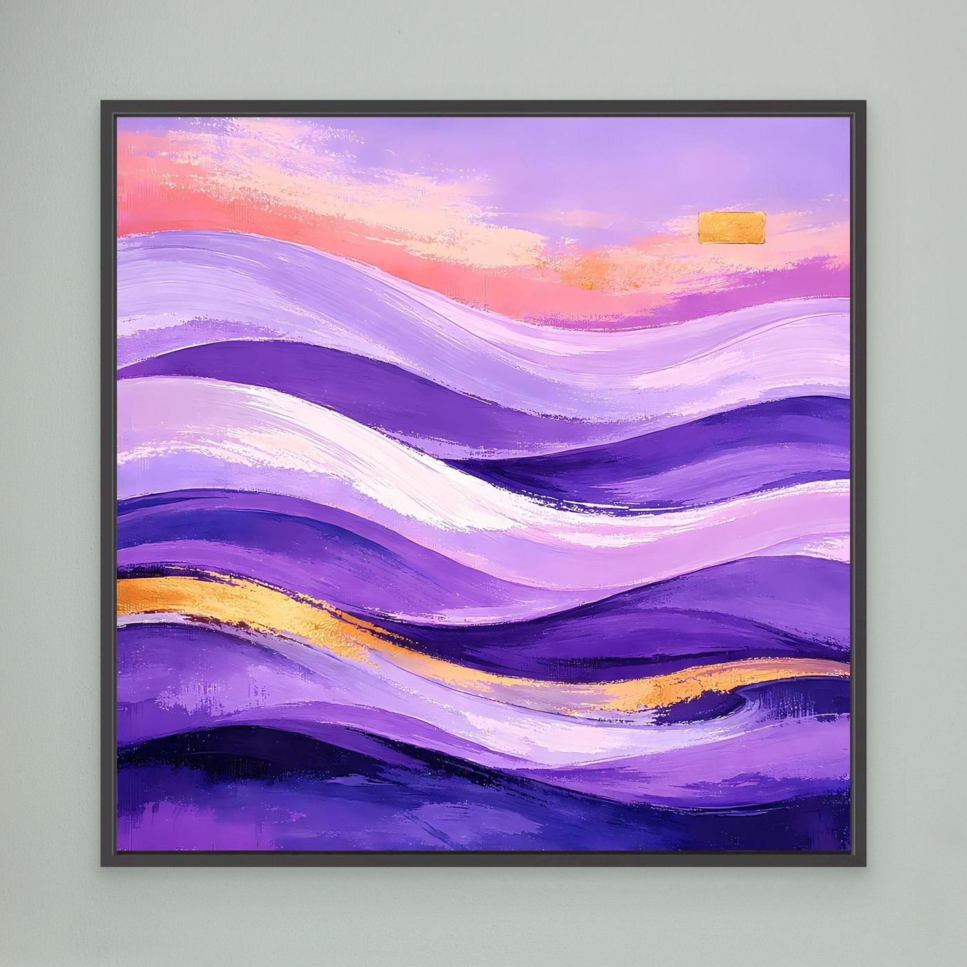 Leinwandbild mit abstrakter Wellenlandschaft in Lila, Gold und Rosa im schwarzen Rahmen