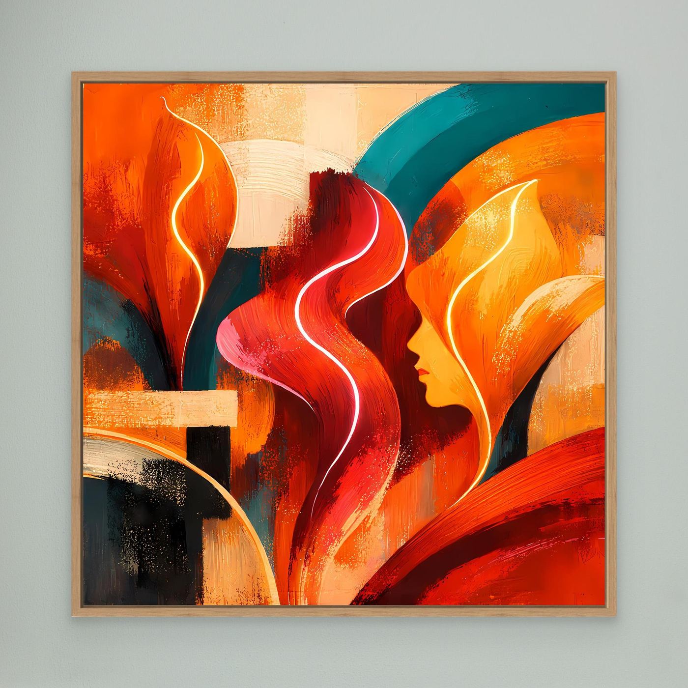 Abstraktes Leinwandbild mit bunten Skyline-Formen, gerahmt in hellem Holz