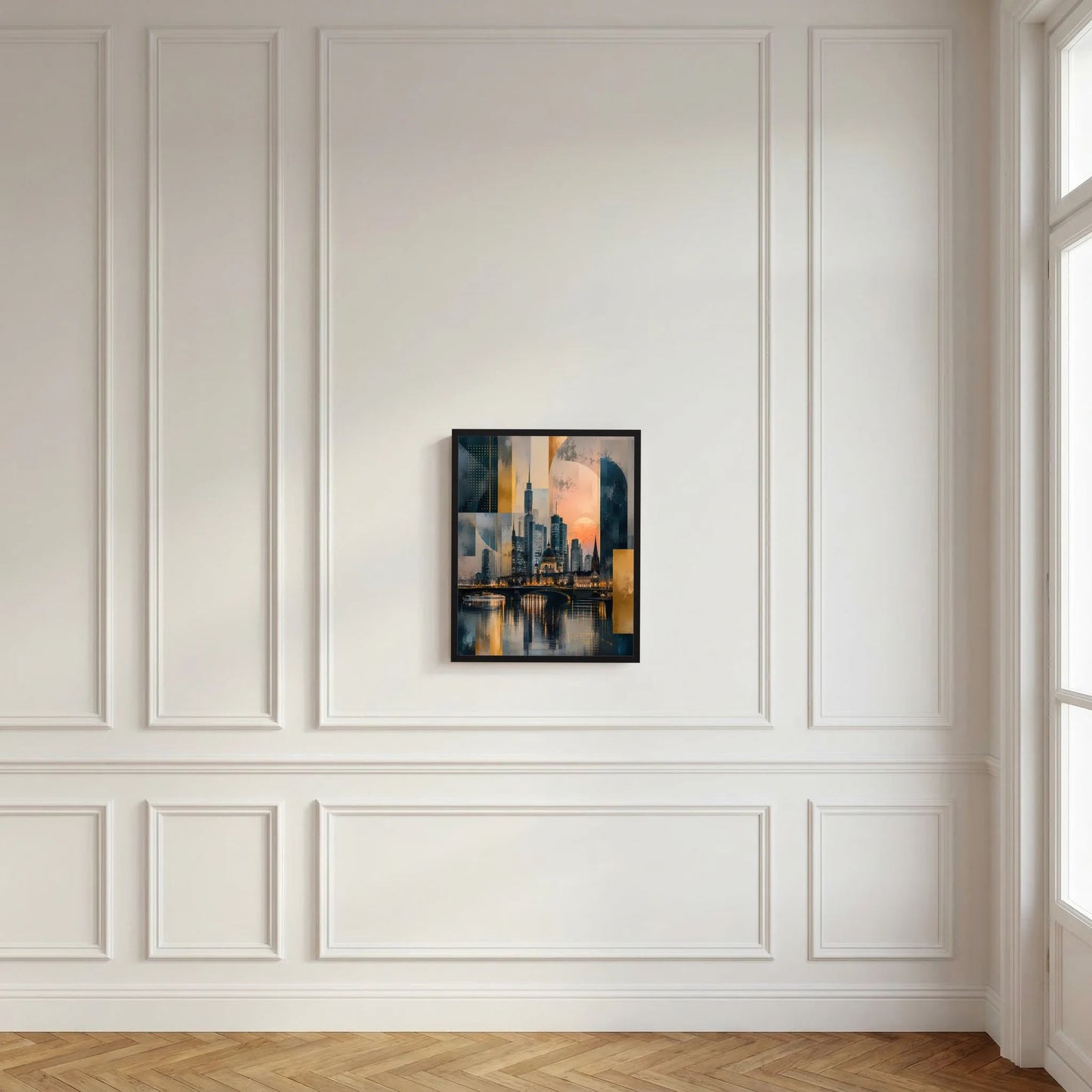 Gerahmtes Poster mit abstrakter Skyline am Fluss in Gold- und Petroltönen